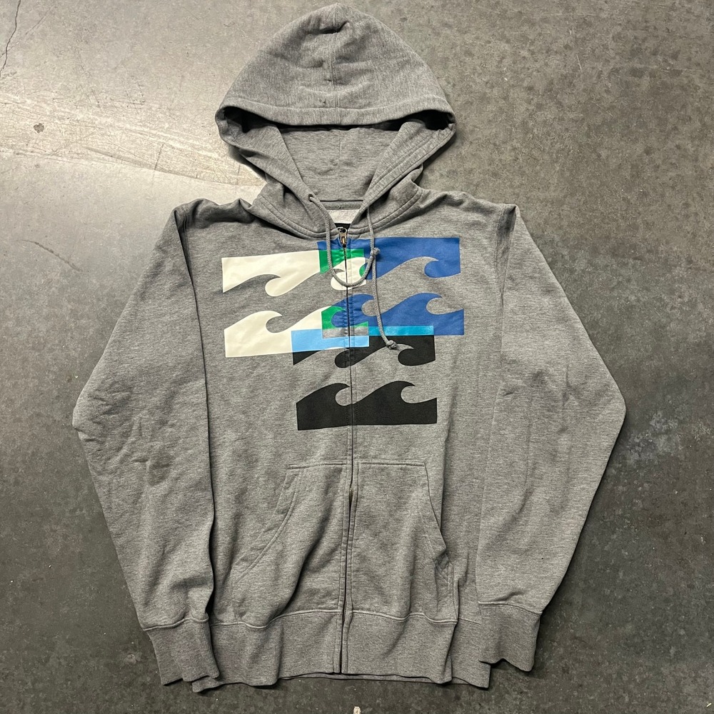 Billabong Mens Gray Wave Logo Full Zip Fleece Hoodie Sweatshirt Size Medium
